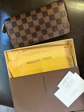 Louis Vuitton Brown Damier Ebene Zip Wallet with Gold Hardware